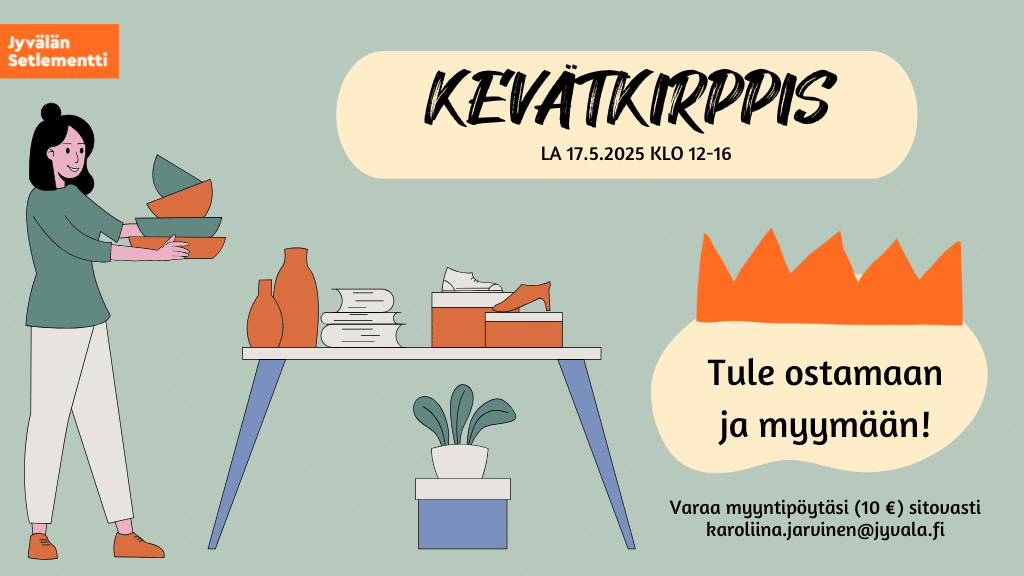 Digitaalisesti piirretty mainos kevätkirppiksestä Jyvälässä.