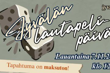 Esite Jyvälän lautapelipäivästä, jossa taustalla on noppia.