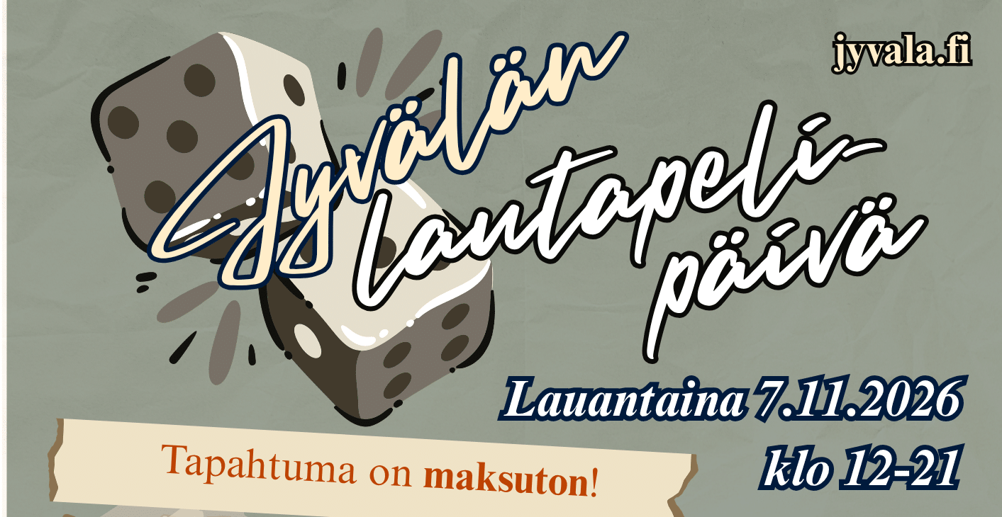 Esite Jyvälän lautapelipäivästä, jossa taustalla on noppia.