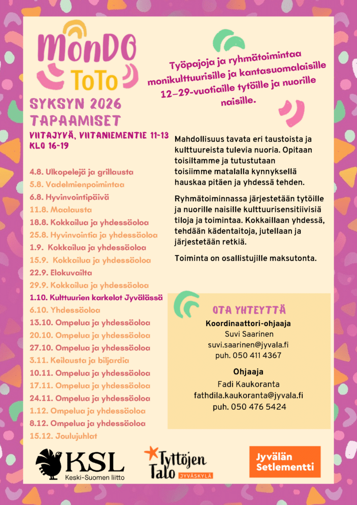 Aikataulu Mondo Toton syksyn 2026 tapahtumista. Tekstiä vaalean keltaisella taustalla ja lueteltuna tapahtuma ja sen ajankohta.