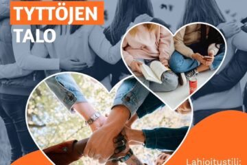 Tyttöjen Talon rahainkeruu esite, jossa tytöt ovat yhdessä ja tukevat toisiaan. Kuvat on kehystetty sydämenmuotoisilla kehyksillä ja esitteen alakulmassa on tarkemmat tiedot lahjoituskohteeseen.