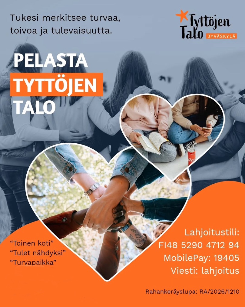 Tyttöjen Talon rahainkeruu esite, jossa tytöt ovat yhdessä ja tukevat toisiaan. Kuvat on kehystetty sydämenmuotoisilla kehyksillä ja esitteen alakulmassa on tarkemmat tiedot lahjoituskohteeseen.